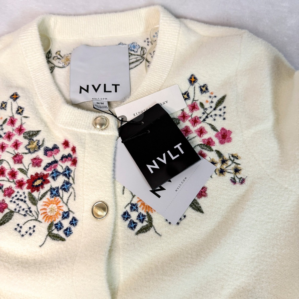 NWT Anthropologie NVLT Button Front Embroidered Knit Lady Jacket Ivory M - Picture 11 of 13